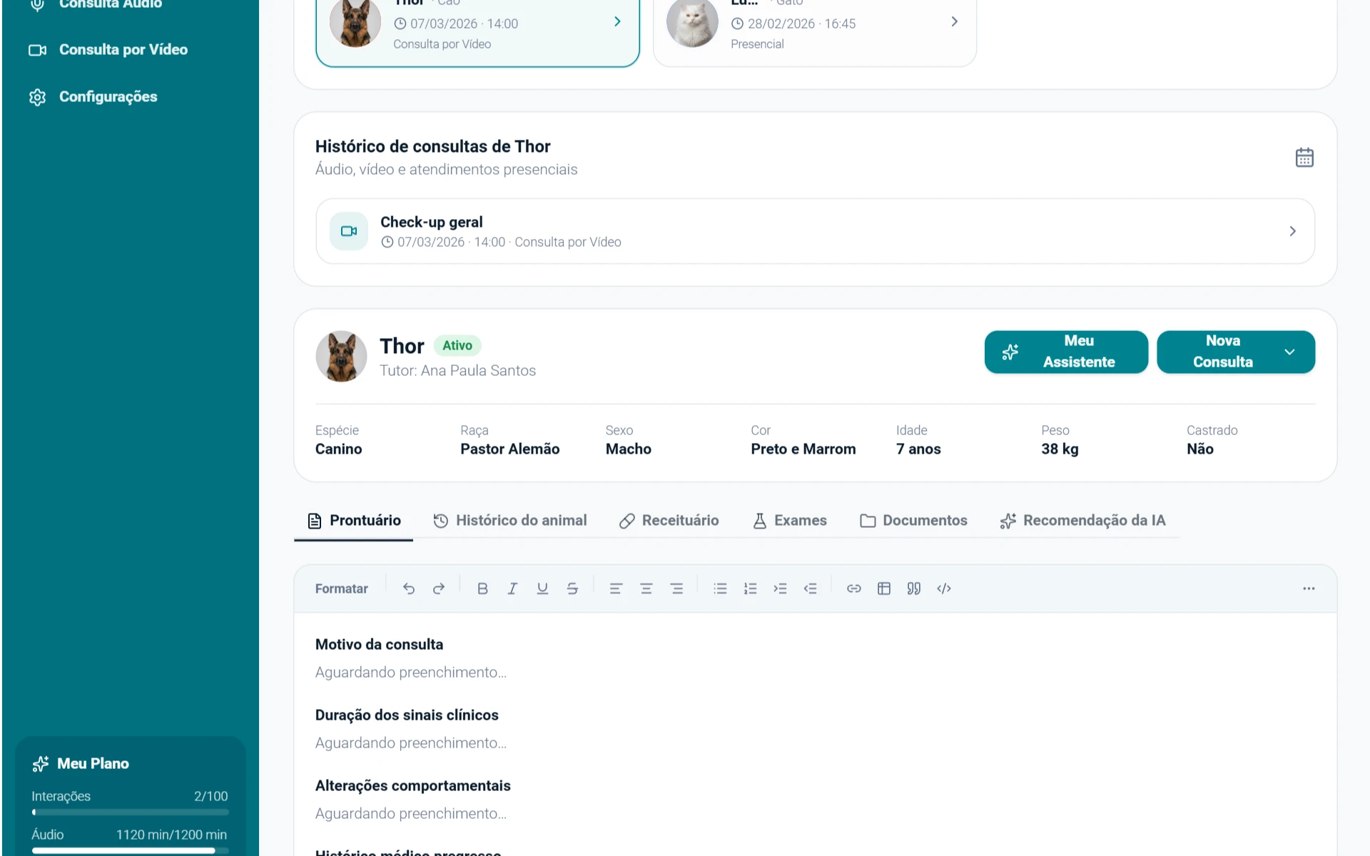 Perfil do pet e prontuário
