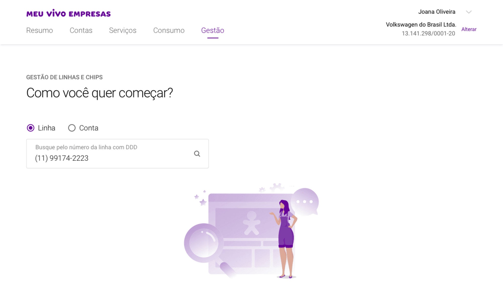 Busca de linha por número no Meu Vivo Empresas