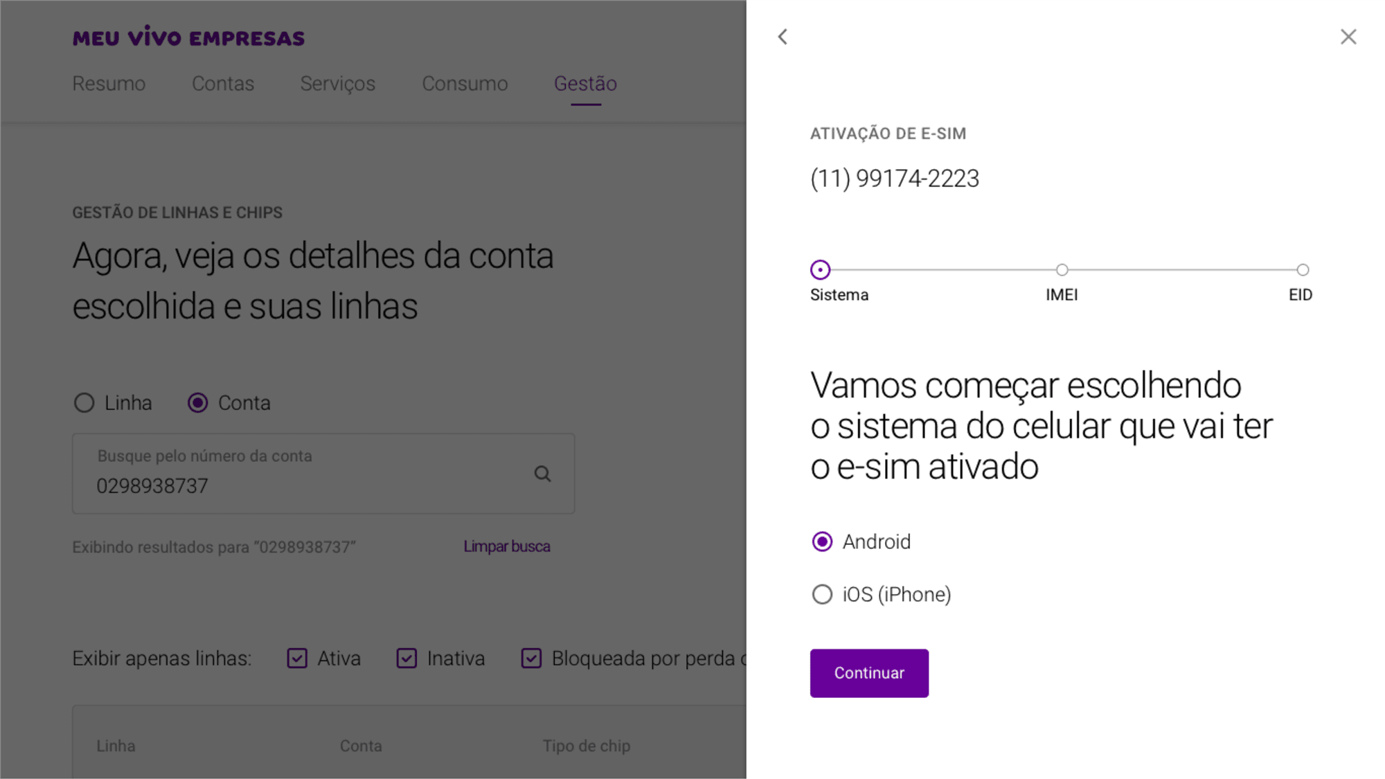 Escolha do sistema do celular para ativação do eSIM