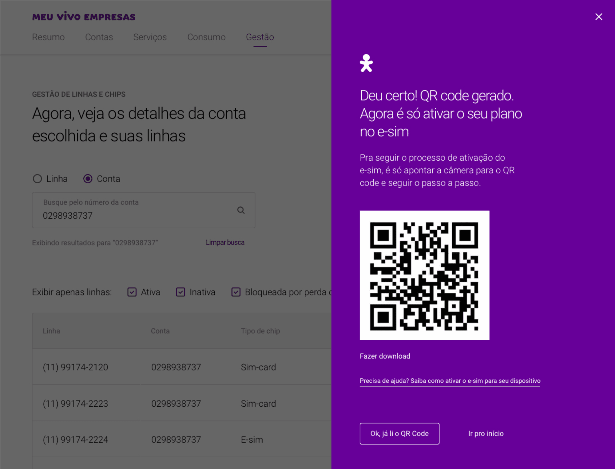 QR code gerado com sucesso para ativação do eSIM