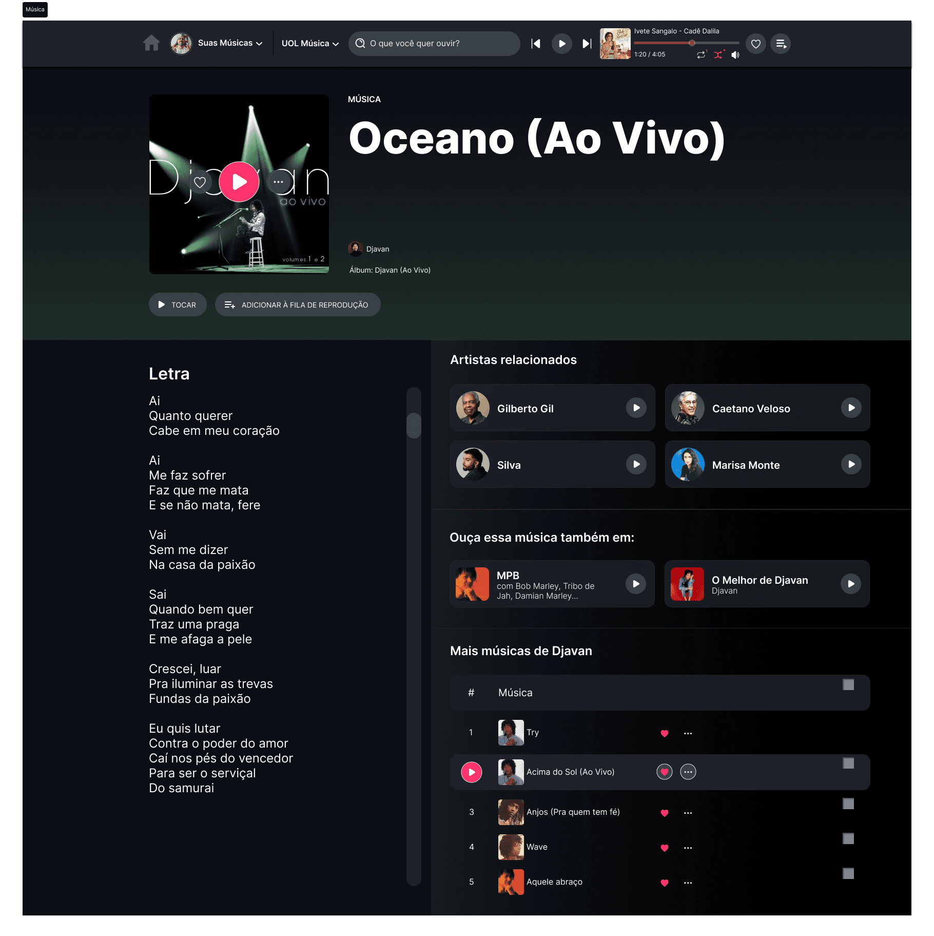 Tela de música tocando no UOL Música, com letra e artistas relacionados