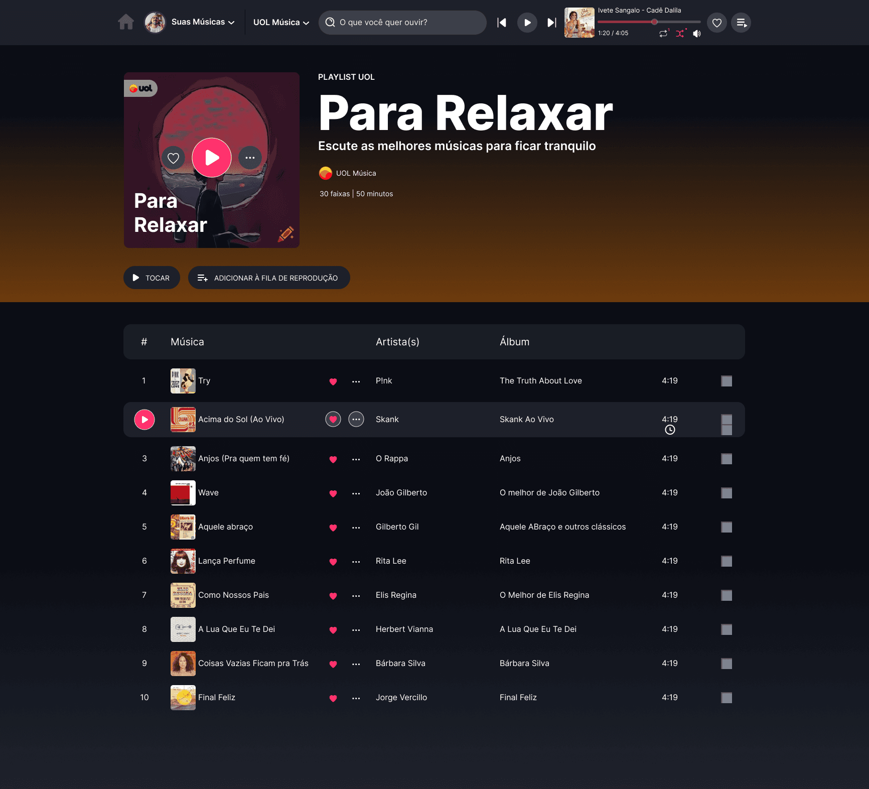 Tela de playlist do UOL Música