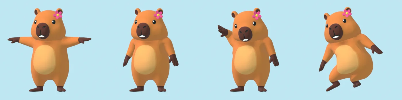 Cacá em 3D em quatro poses com esqueleto