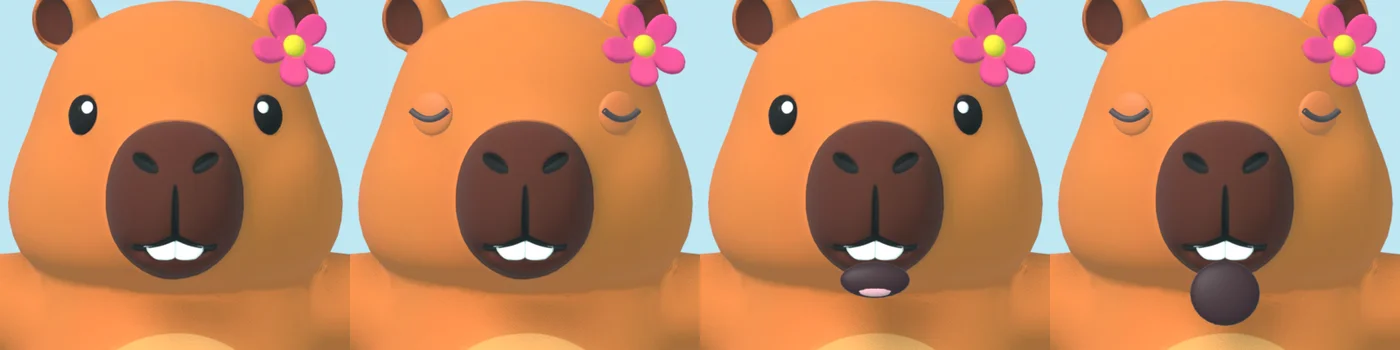 Rosto da Cacá em 3D com os olhos abrindo e fechando