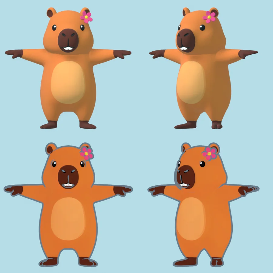Modelo 3D da Cacá em T-pose, vista de frente e de lado